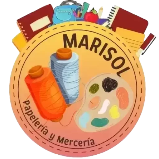 Logo de la Papelería y Mercería Marisol con carretes de hilo, una paleta de pintura y útiles escolares.
