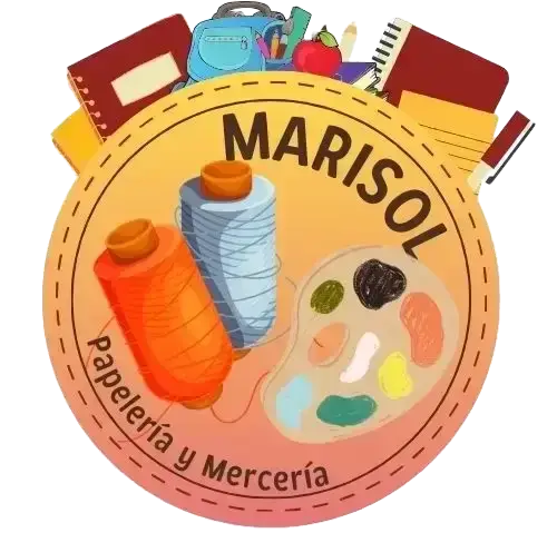 Logo de la Papelería y Mercería Marisol con carretes de hilo, una paleta de pintura y útiles escolares.